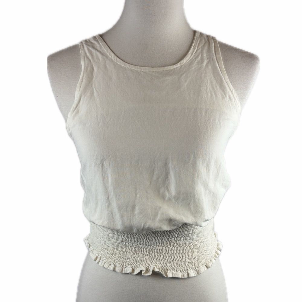 Colcci Linen Blend Cut Out Tie Back High Neck Top Size S Coastal Minimalist Euro